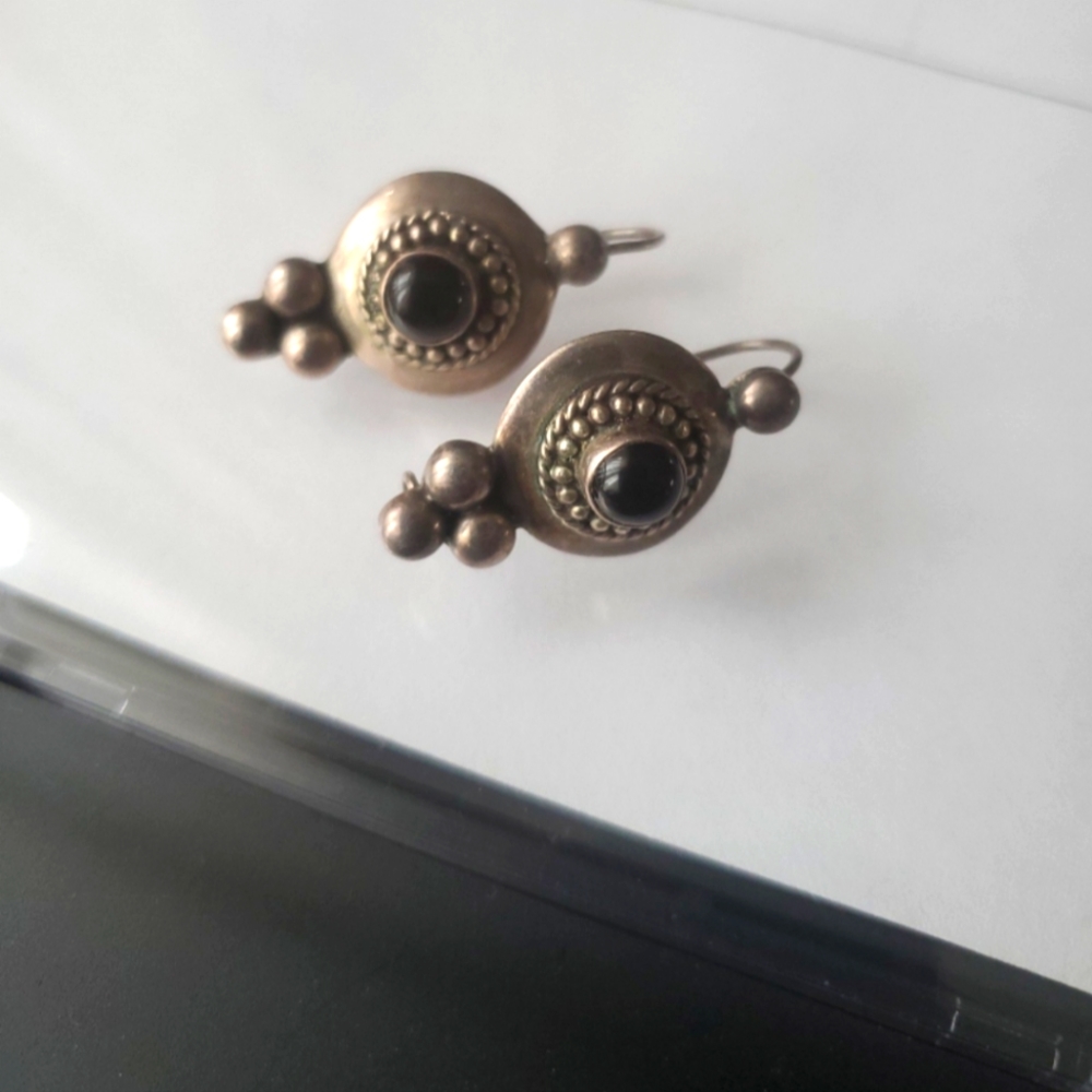 925 Earrings Black Round Onyx drop antique style